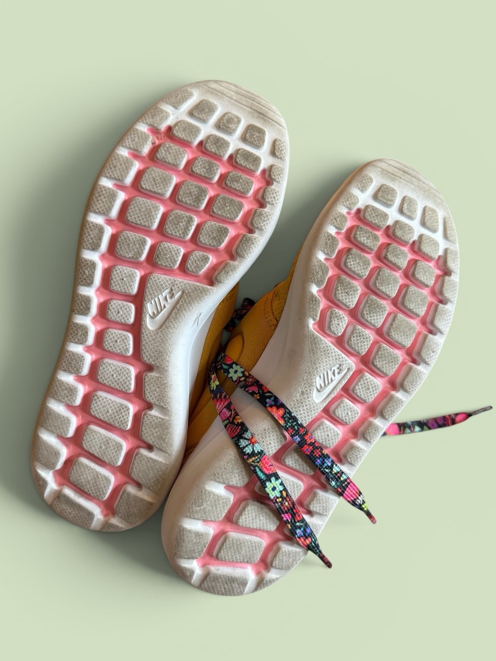 Nike Yellow Sneakers with Pink Collar and Floral Laces - Picture 8 of 11